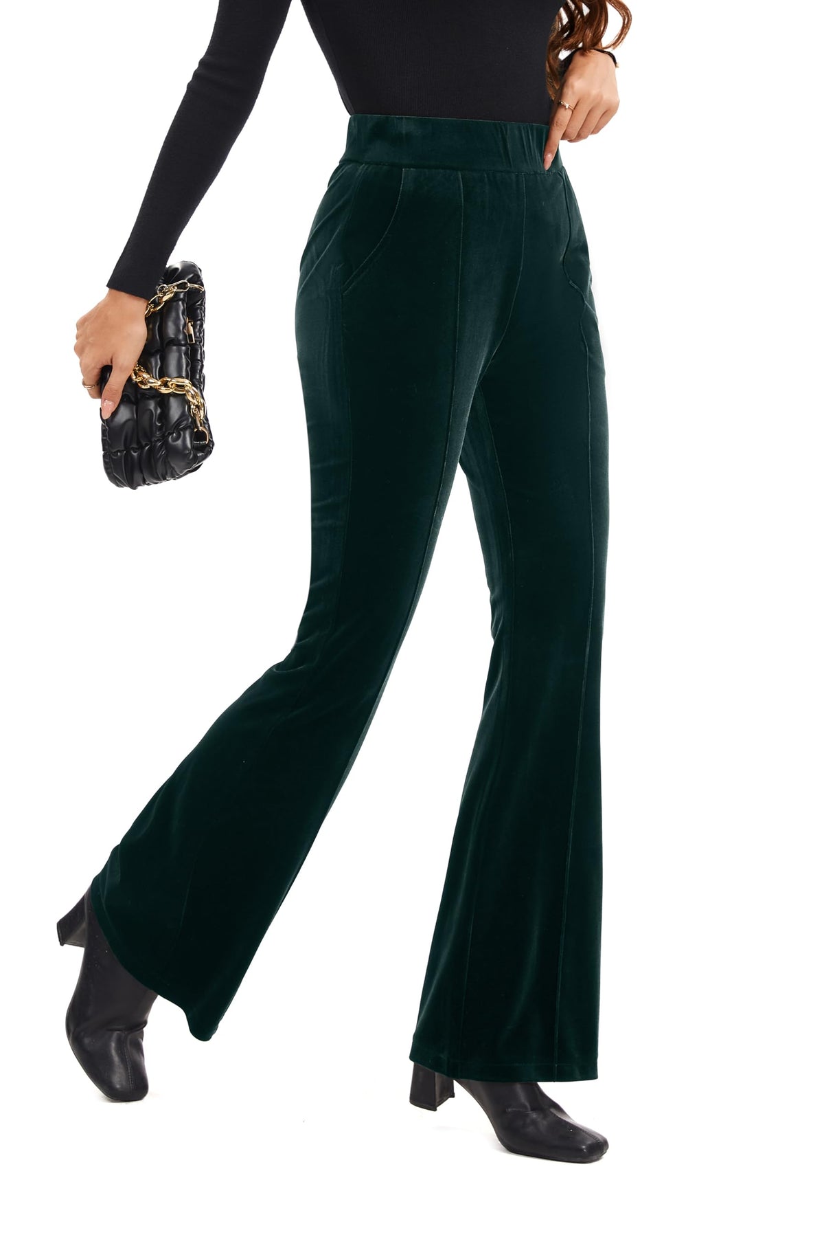 FUNYYZO Velvet Pants Women Flare Pull On Elastic Waist Holiday Outfits
