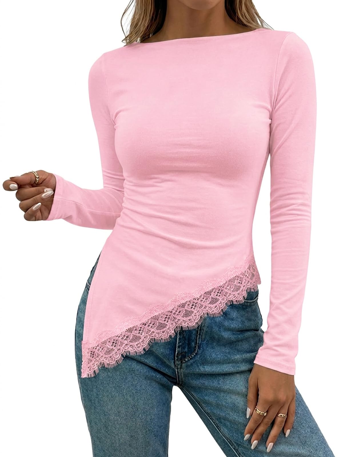 Flowyair Womens Boat Neck Long Sleeve Lace Tops Slim Fit Shirts