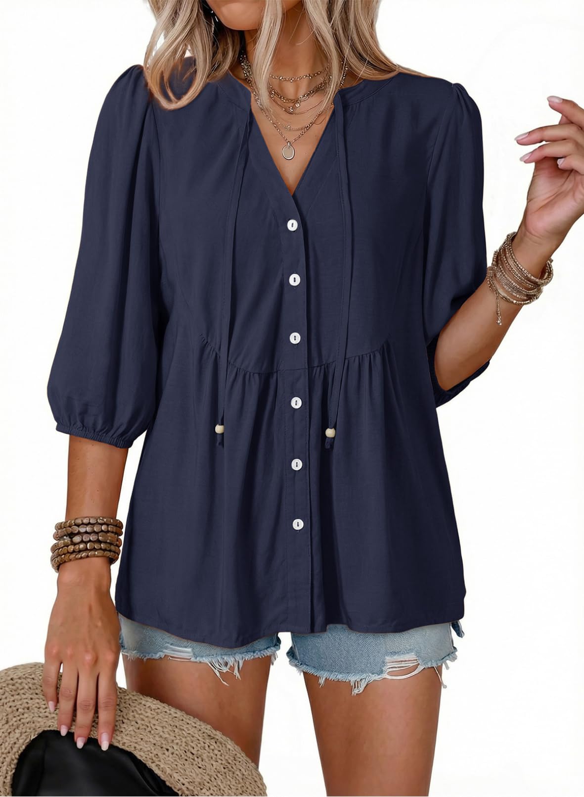 Dokotoo Womens Tops Boho Button Down V Neck Peplum Babydoll Blouses Shirts
