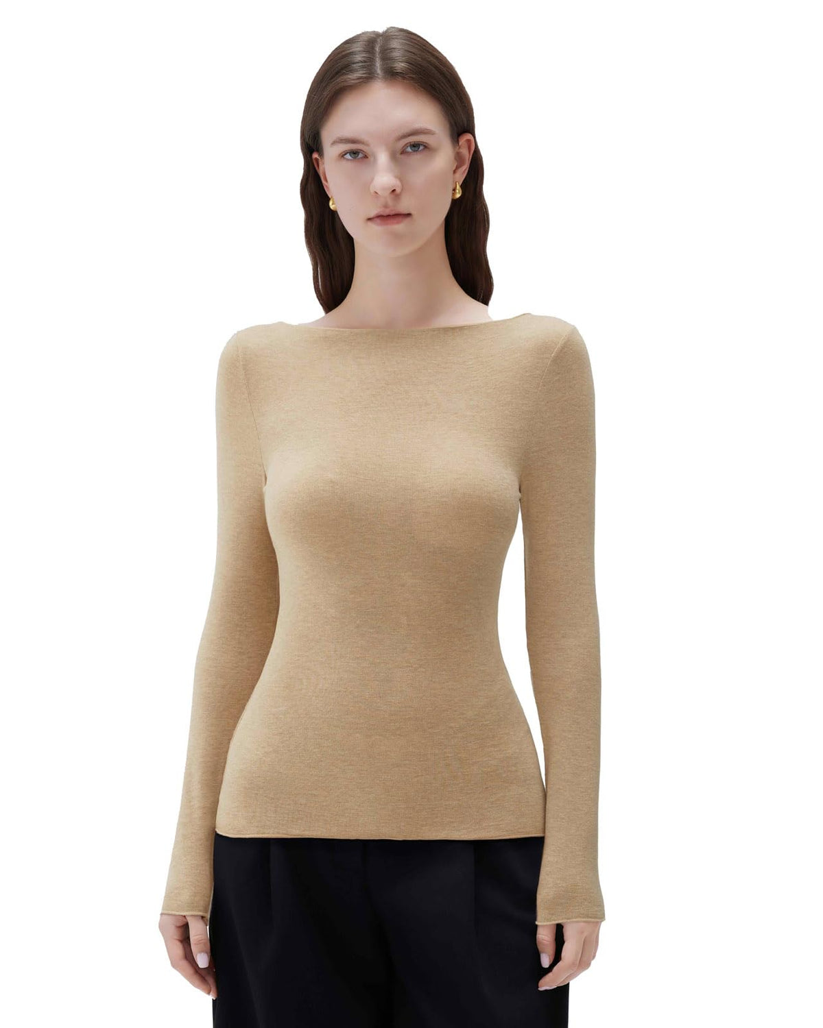 SUUKSESS Cloud Cashmere Women Boat Neck Fitted Long Sleeve Shirt Basic Knit Tops
