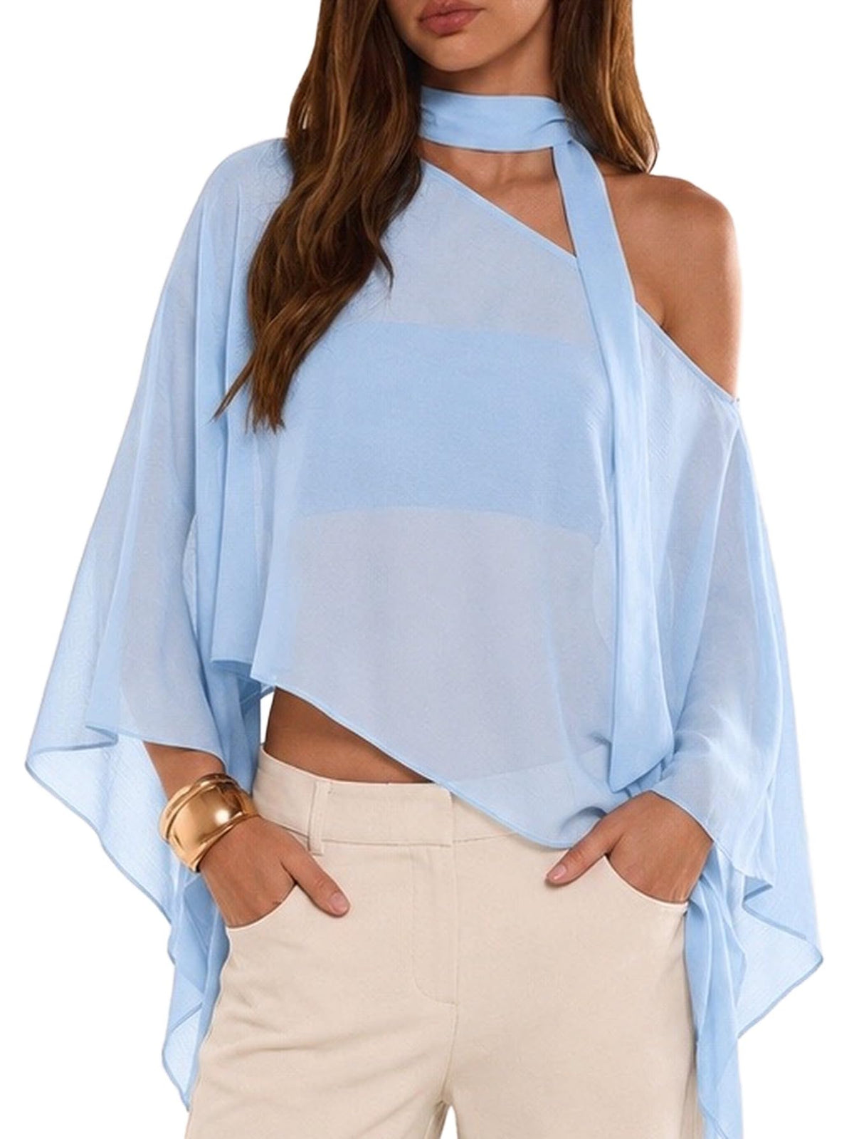WDIRARA Women's Poncho Top Off The Shoulder Tops Y2k Flowy with Scarf