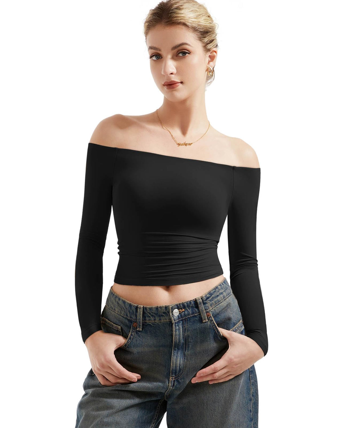 SUUKSESS Women Off Shoulder Double Lined Long Sleeve Shirts Basic Going Out Tops