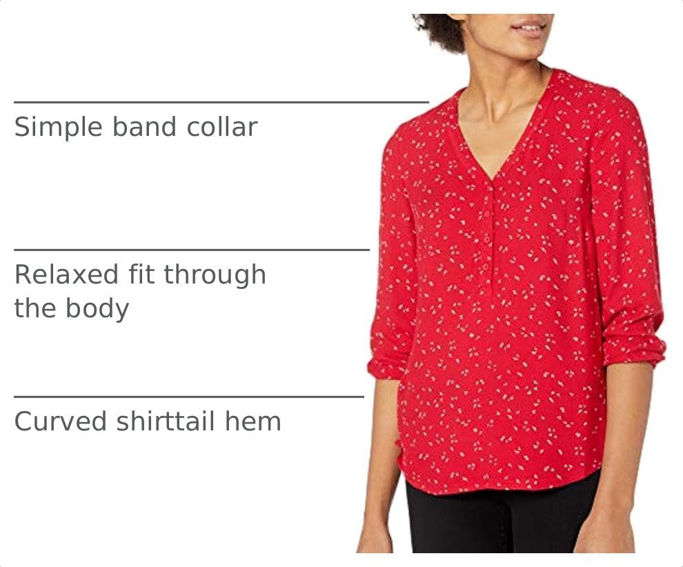 Amazon Essentials Women's 3/4 Sleeve Button Popover Shirt, Loose-Fit V-Neck Blouse, Lightweight