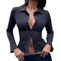 Women Pinstripe Shirt Flared Long Sleeves Button Down Fitted Crop Shirts Blouses Business Casual Top