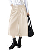 chouyatou Women's Pu Faux Leather Wide Leg Cropped Pants High Elastic Waist Baggy Barrel Capri Palazzo Pants