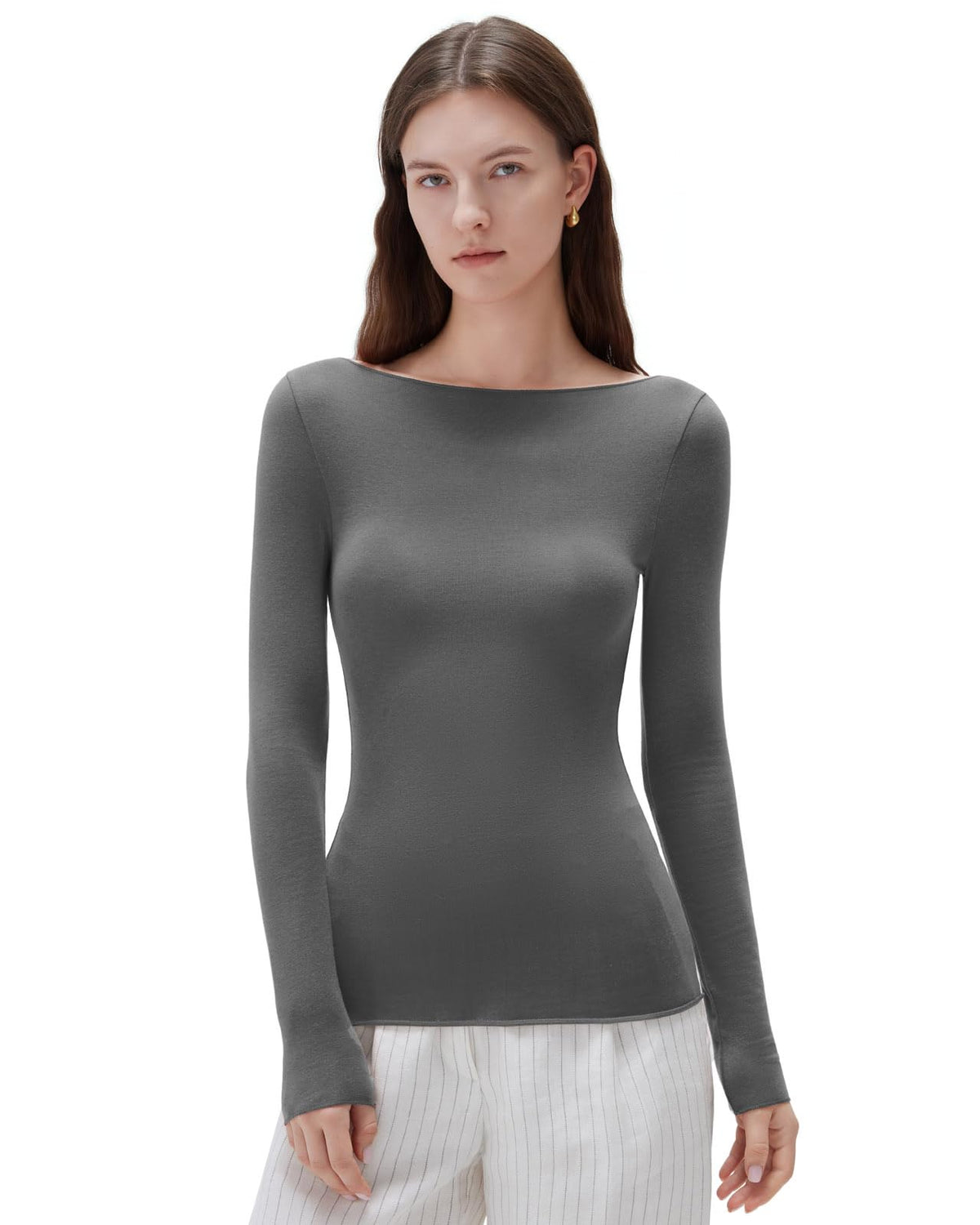SUUKSESS Cloud Cashmere Women Boat Neck Fitted Long Sleeve Shirt Basic Knit Tops