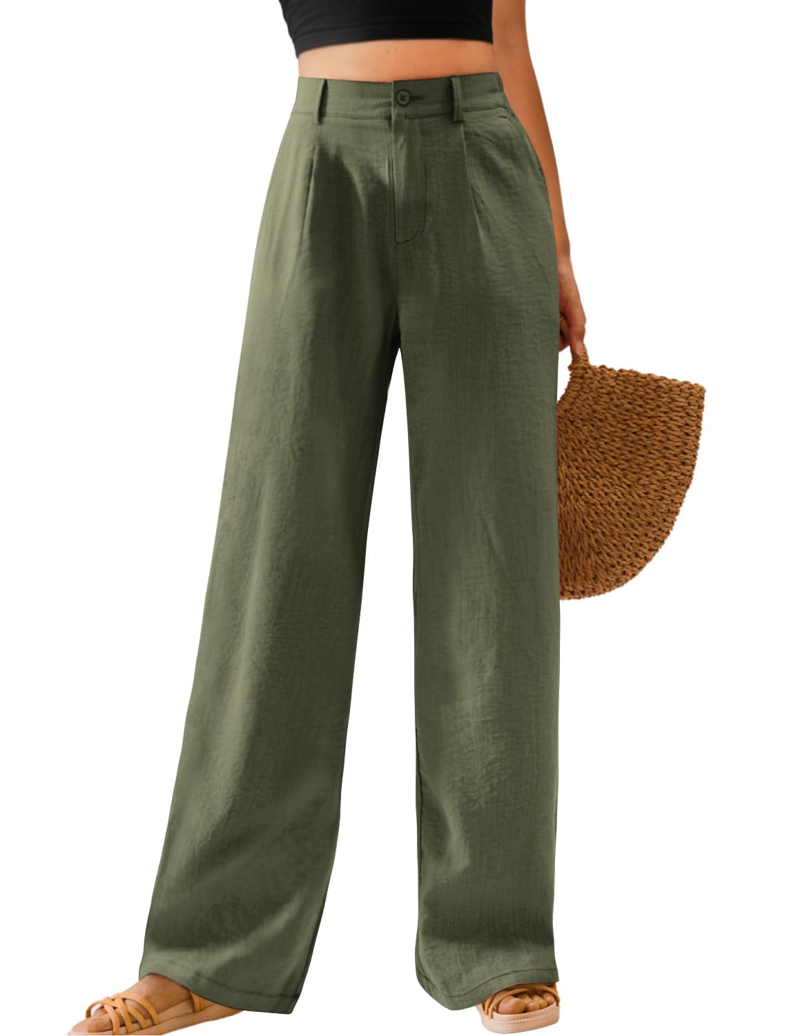 Feiersi Womens Casual Wide Leg Pants High Waisted Button Down Straight Long Trousers Palazzo Pants