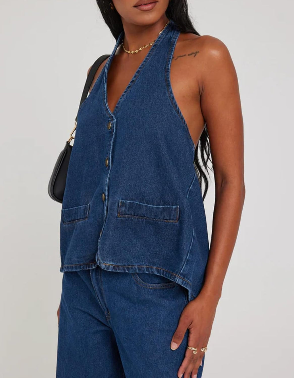 Kedera Women Halter Denim Vest Top V Neck Button Up Backless Jean Tank Top