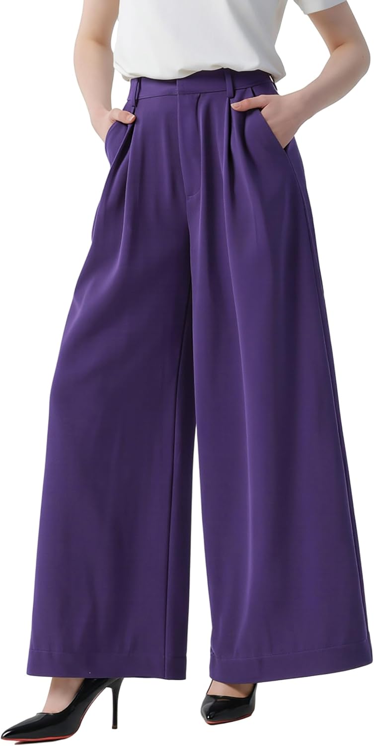 Tronjori Womens High Waist Casual Wide Leg Palazzo Business Pants