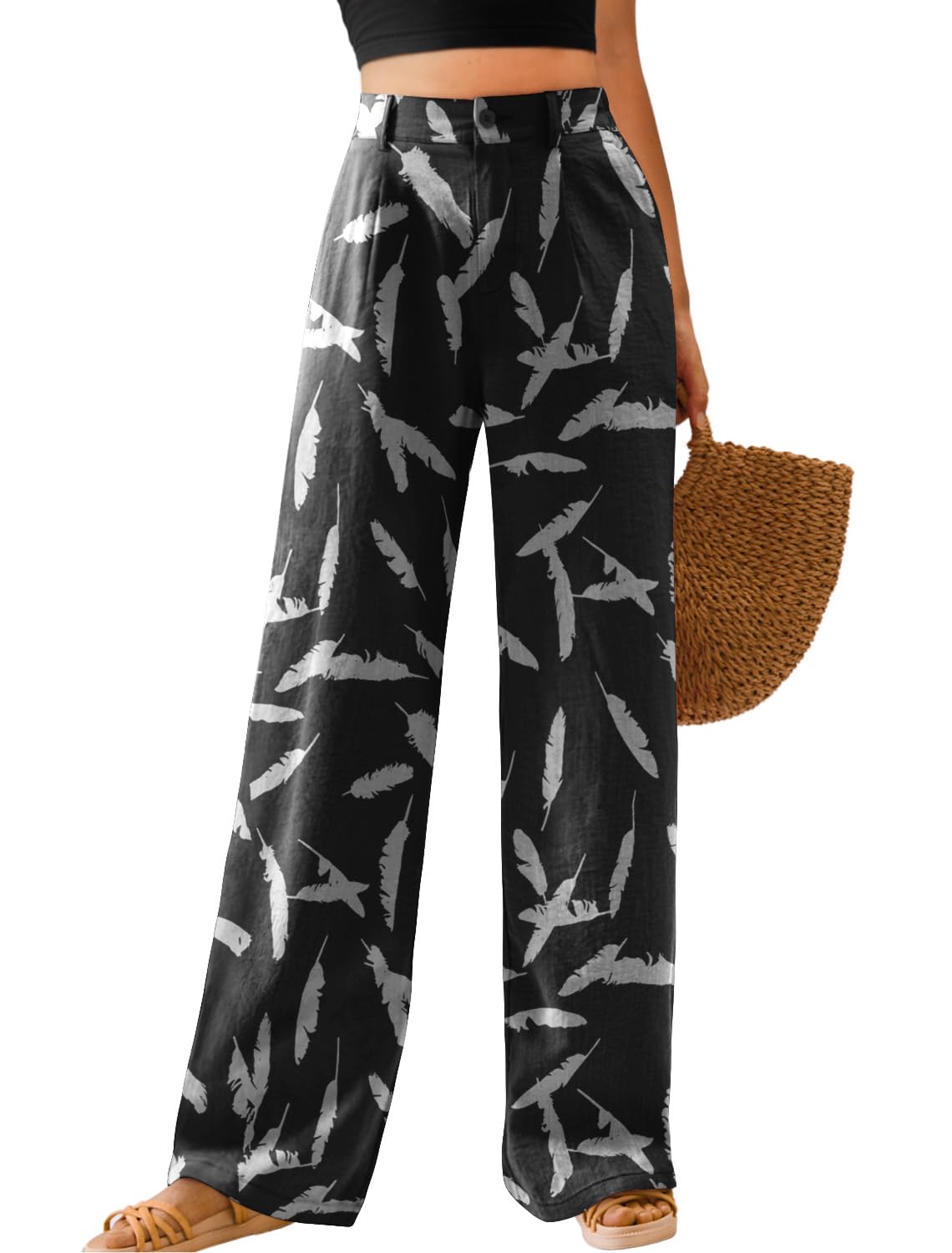 Feiersi Womens Casual Wide Leg Pants High Waisted Button Down Straight Long Trousers Palazzo Pants