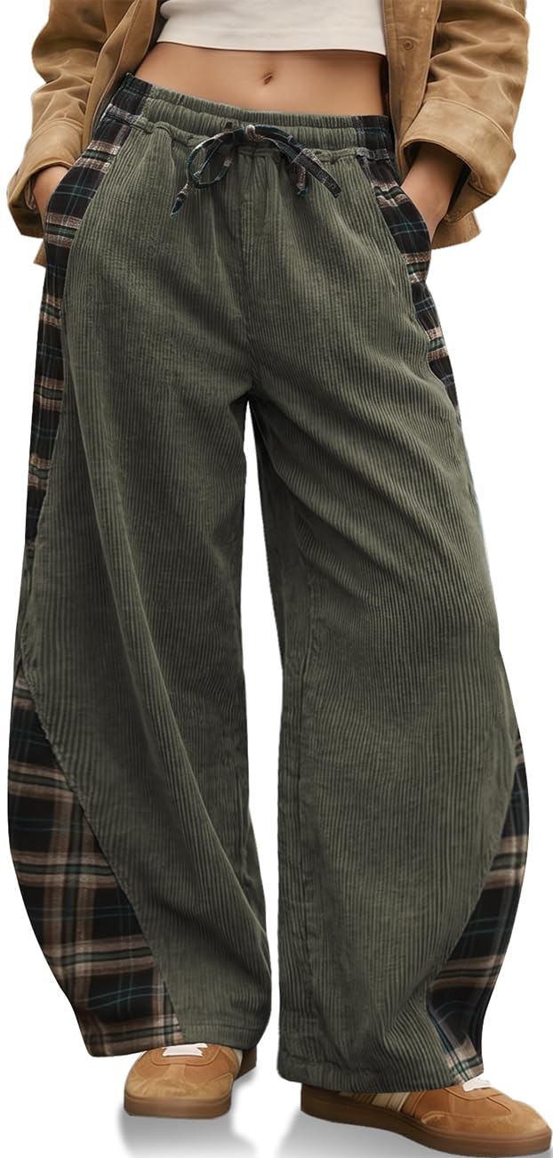 TARSE Womens Corduroy Barrel Pants with Pockets Y2K Plaid Patchwork Panels