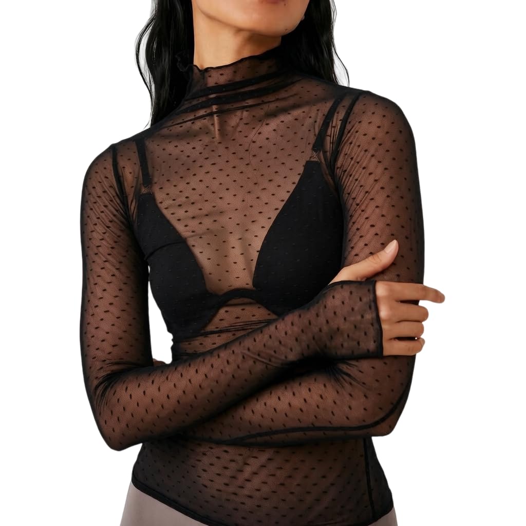 KMBANGI Women's Mesh Lace Long Sleeve Top Mock Neck Sheer Layering Tops