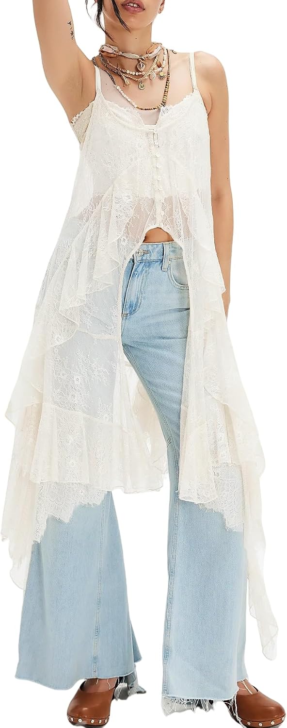 Women Sheer Floral Lace Cami Tops Spaghetti Strap Ruffle Flowy Long Tank Tops Sexy Split Front Going Out Top