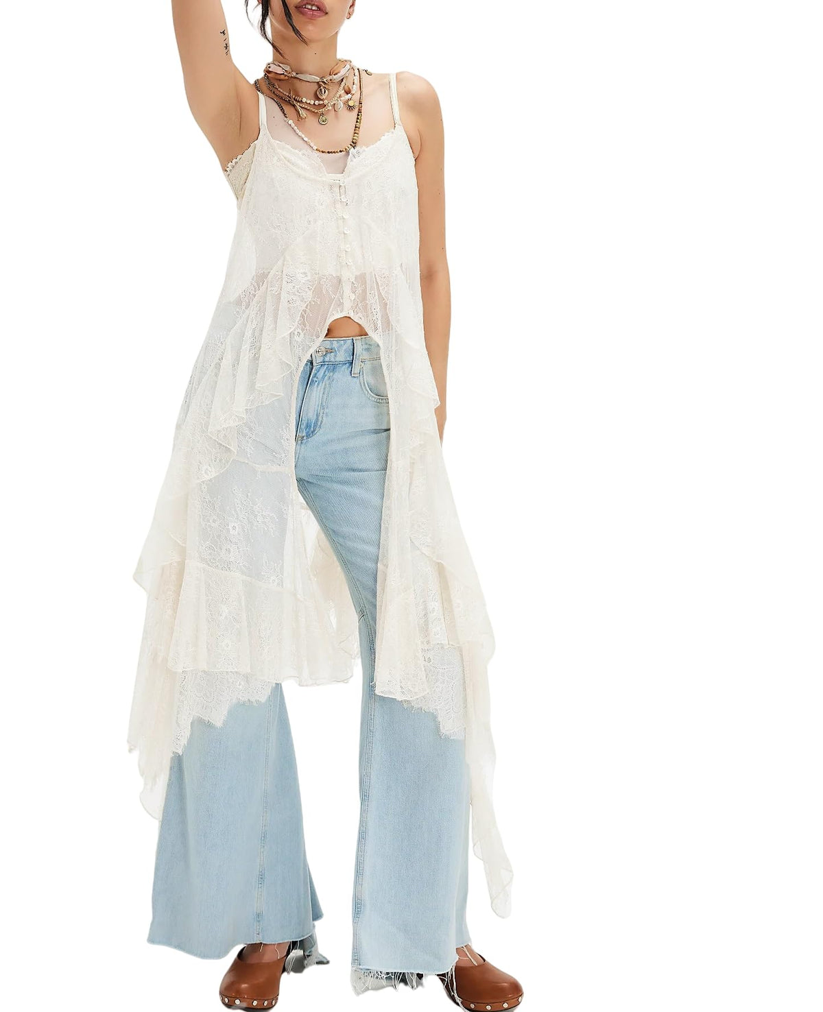 Women Sheer Floral Lace Cami Tops Spaghetti Strap Ruffle Flowy Long Tank Tops Sexy Split Front Going Out Top