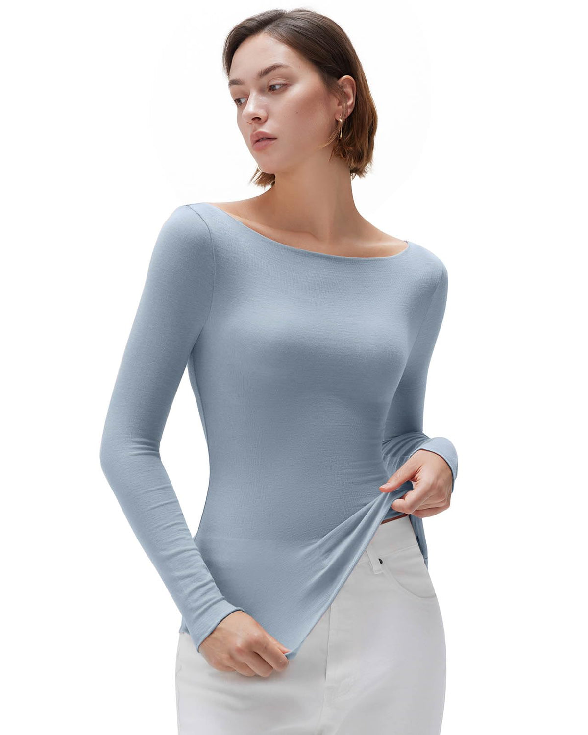 SUUKSESS Cloud Cashmere Women Boat Neck Fitted Long Sleeve Shirt Basic Knit Tops