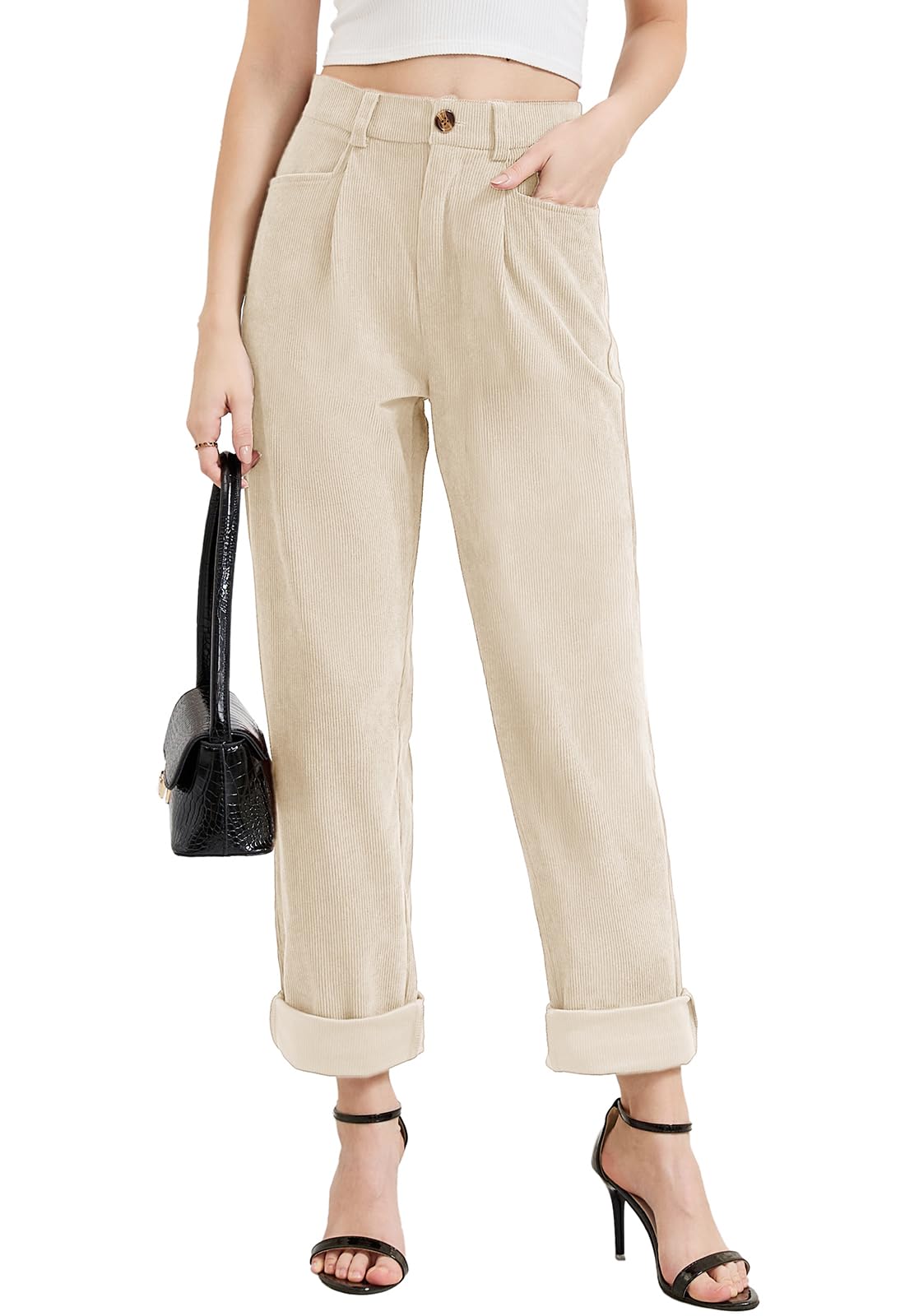 Rasutina Women Corduroy Pants Casual Fall Pants High Waisted Straight Leg Pants for Women Stretchy Work Trousers with Pockets