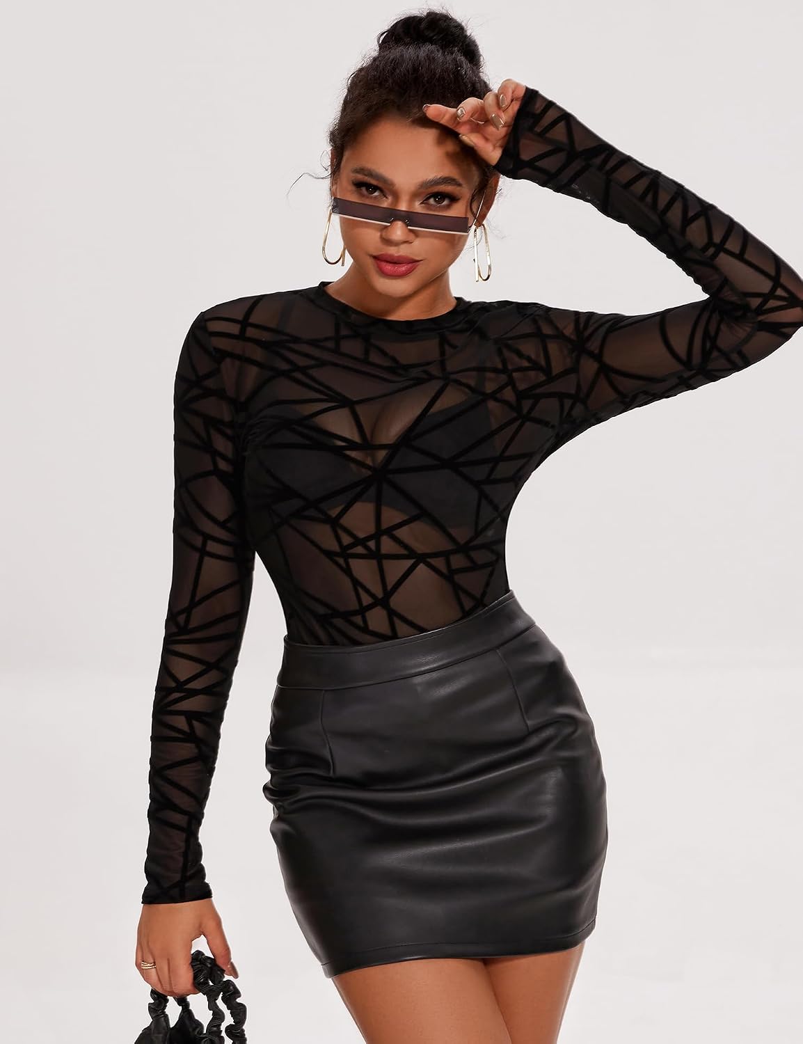 AKEWEI Womens Mesh Long Sleeve Tops Crew Neck Sexy See Through Tee Shirts Party Club Night Lace Blouse