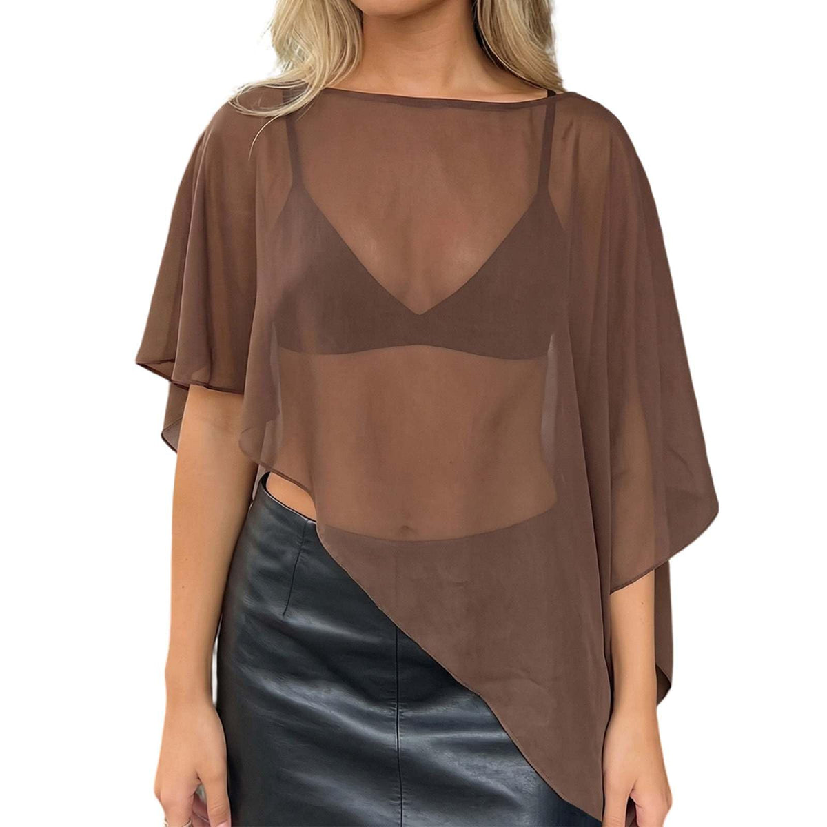 Women's Casual Sheer Chiffon Poncho Top Boat Neck Asymmetrical See Through Cover Up Beach Vacation Summer Y2k Outfit