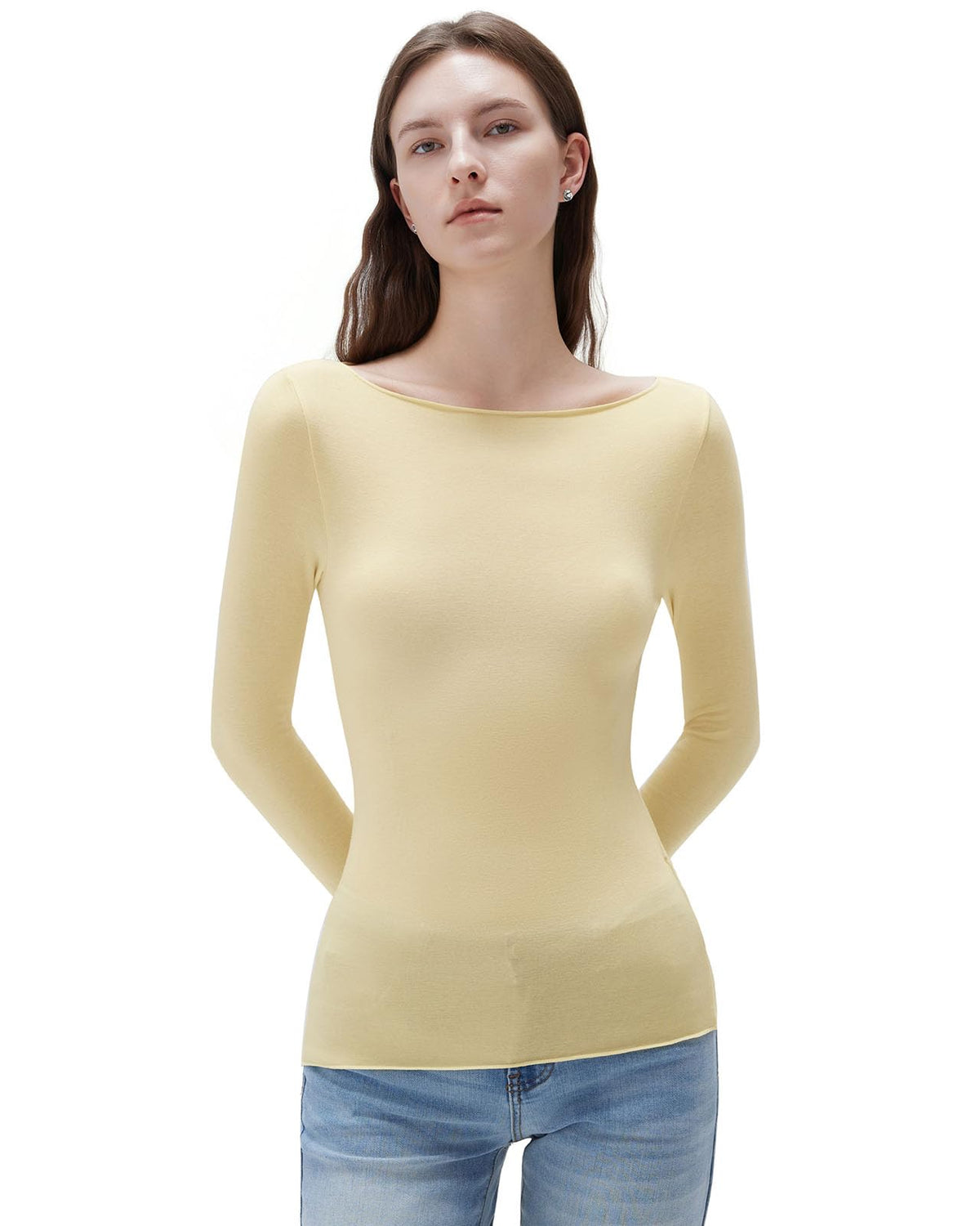 SUUKSESS Cloud Cashmere Women Boat Neck Fitted Long Sleeve Shirt Basic Knit Tops