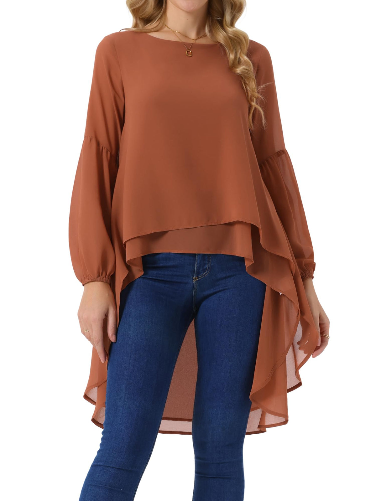 Seta T Women's High Low Tops Lantern Sleeve Dressy Casual Chiffon Blouse