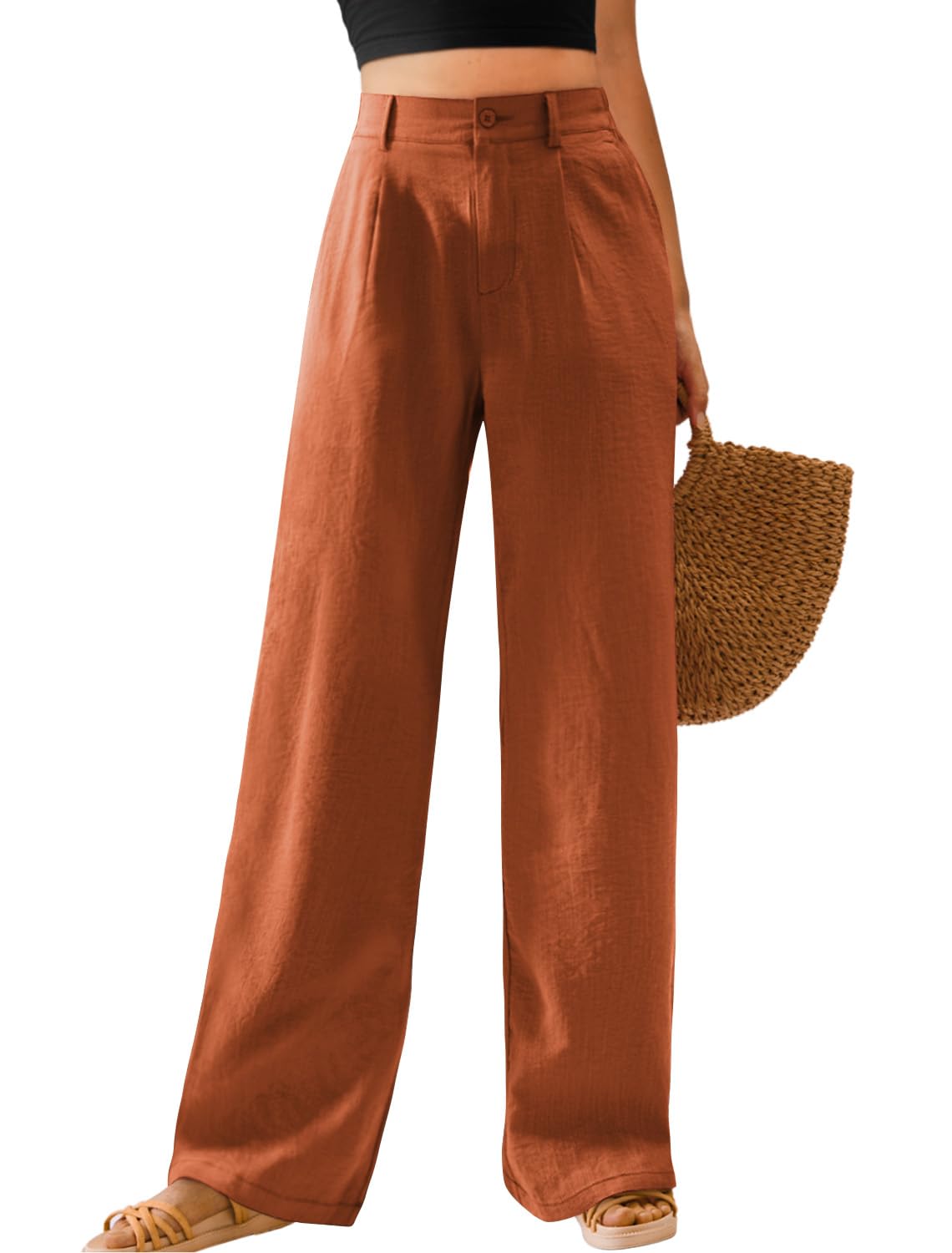 Feiersi Womens Casual Wide Leg Pants High Waisted Button Down Straight Long Trousers Palazzo Pants