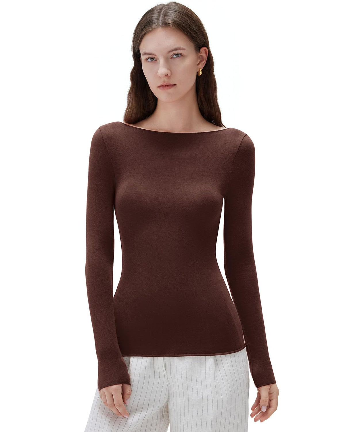 SUUKSESS Cloud Cashmere Women Boat Neck Fitted Long Sleeve Shirt Basic Knit Tops