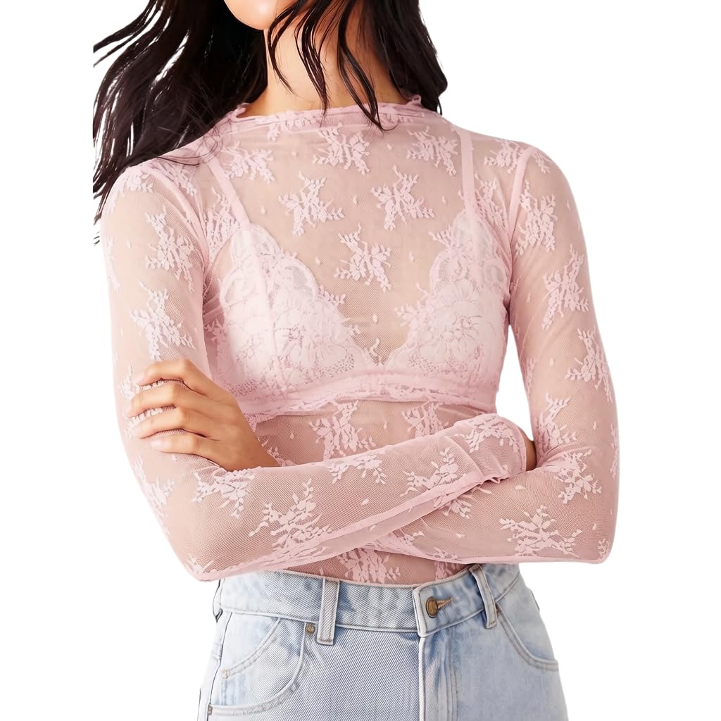 KMBANGI Women's Mesh Lace Long Sleeve Top Mock Neck Sheer Layering Tops