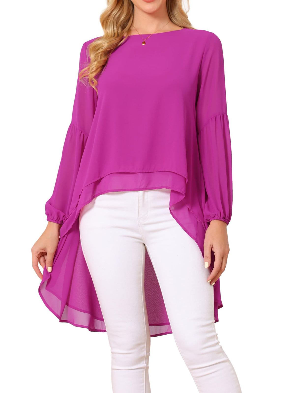 Seta T Women's High Low Tops Lantern Sleeve Dressy Casual Chiffon Blouse