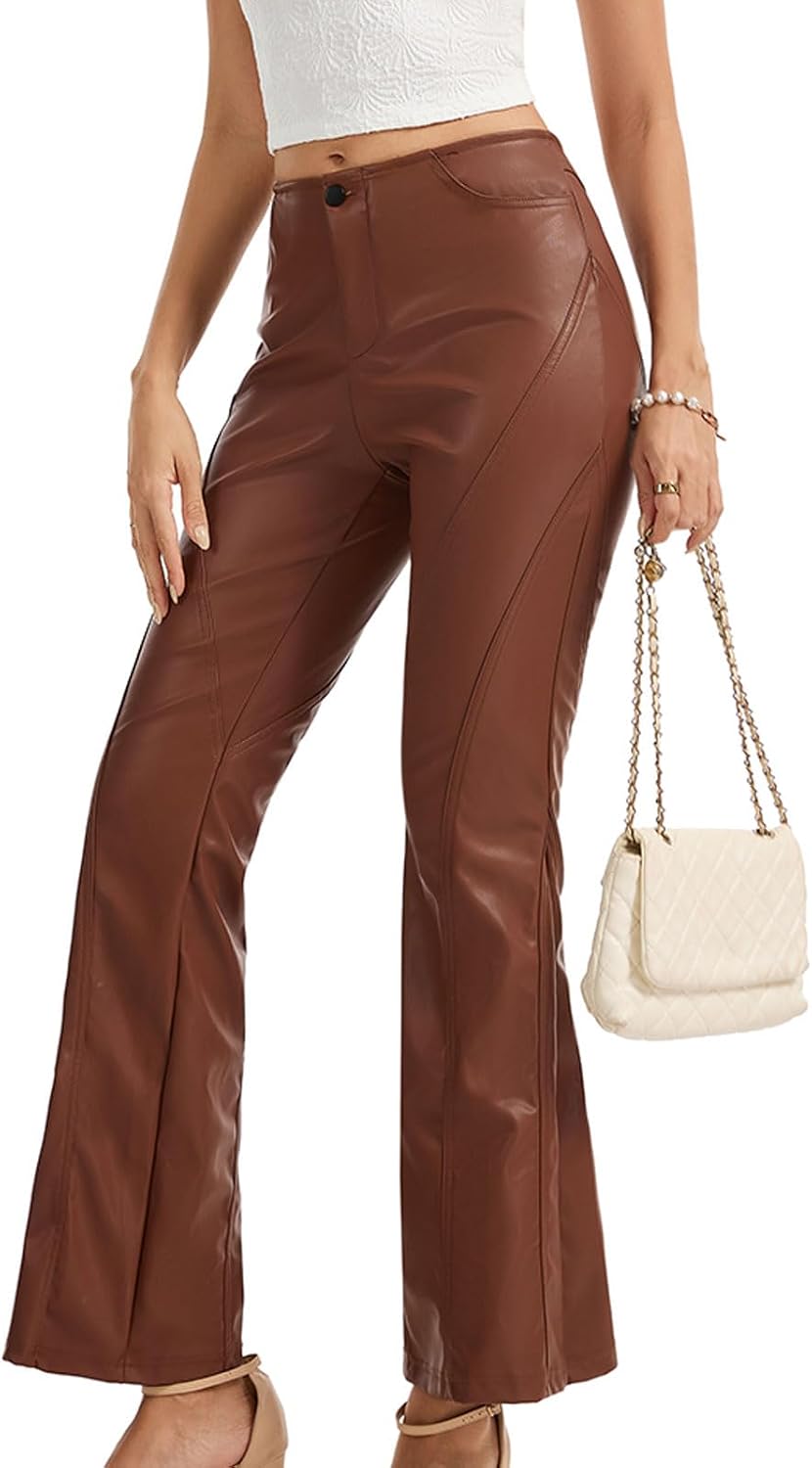 Women’s Faux Leather Flare Pants Low Waisted PU Leather Pants Stretchy Bell Bottom Trousers