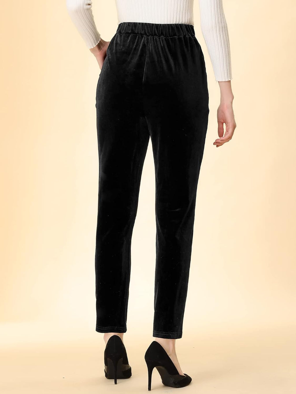 Allegra K Velvet Pants Women Dressy Straight Leg Trousers with Pockets