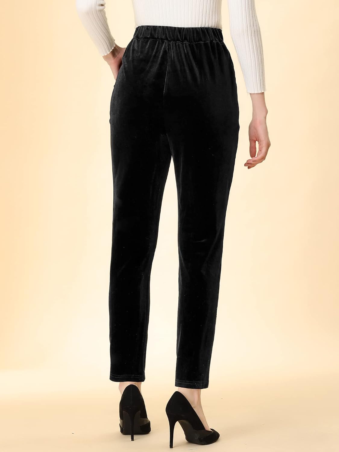 Allegra K Velvet Pants Women Dressy Straight Leg Trousers with Pockets