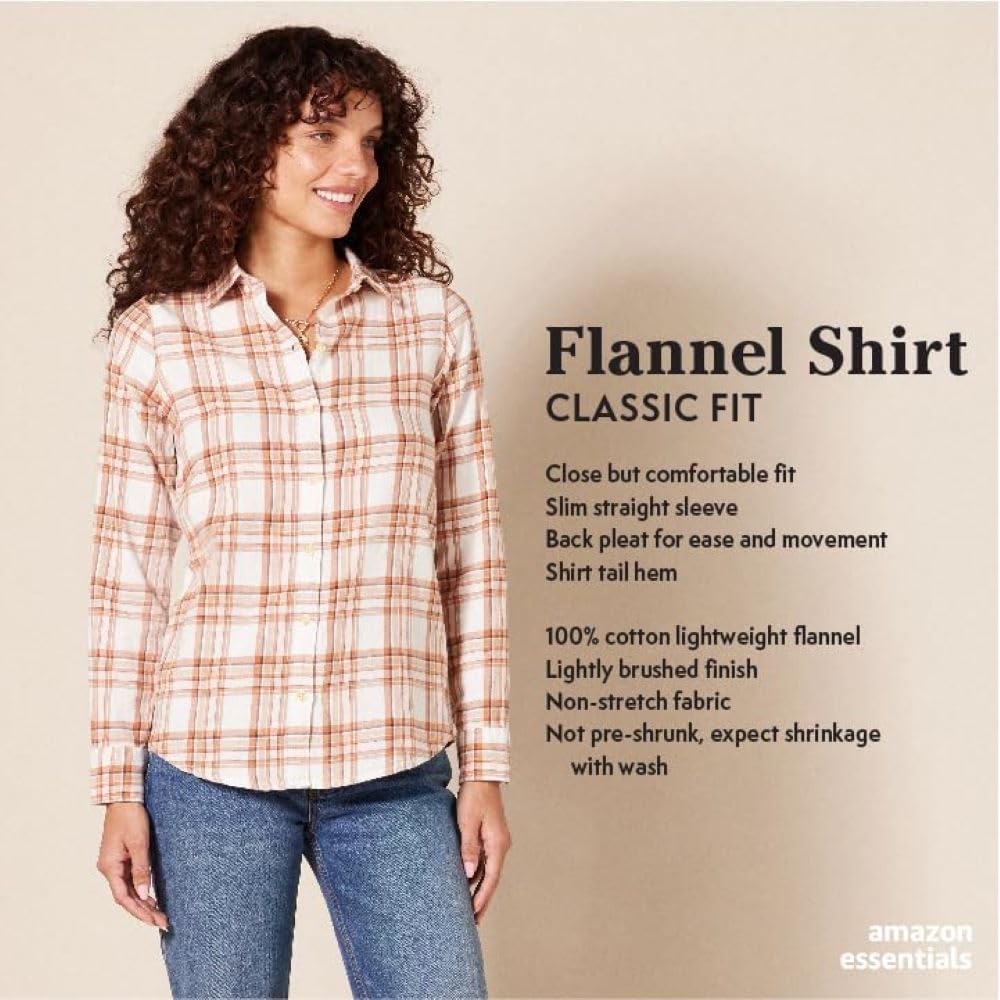 Amazon Essentials Women's Regular-Fit Long-Sleeve Lightweight Cotton Brushed Flannel Shirt