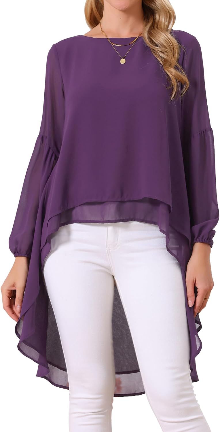 Seta T Women's High Low Tops Lantern Sleeve Dressy Casual Chiffon Blouse