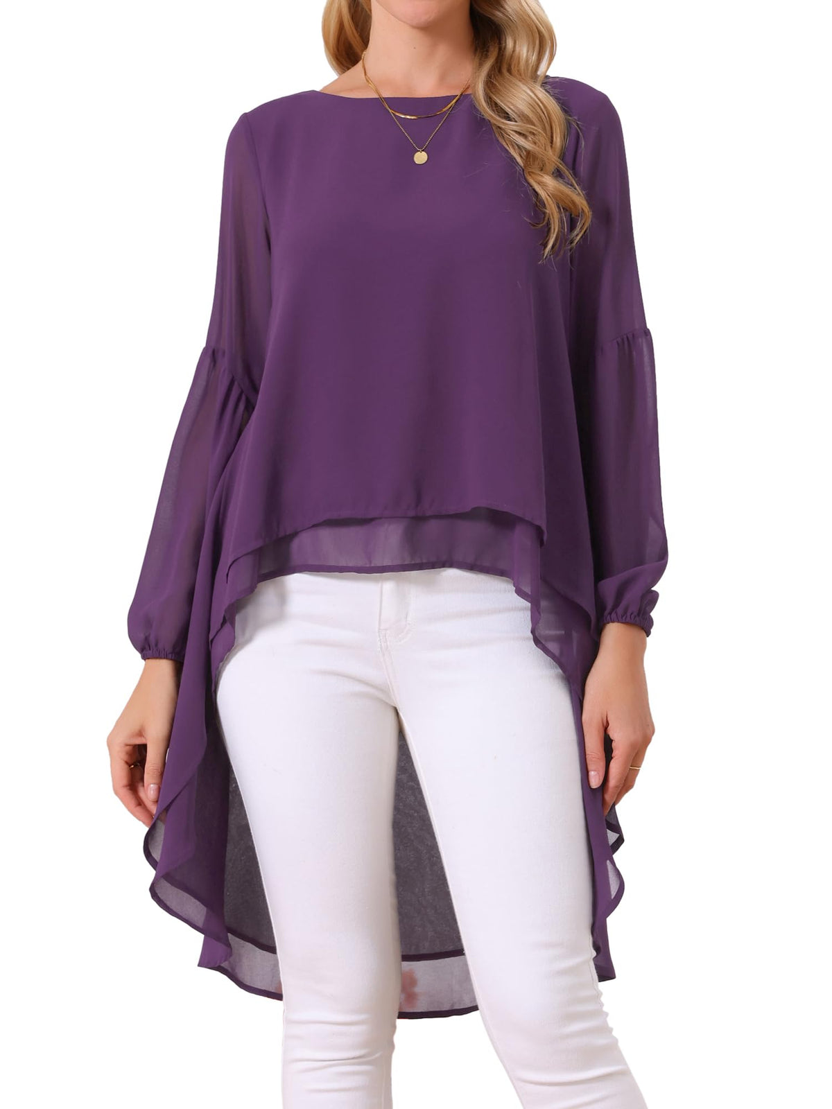 Seta T Women's High Low Tops Lantern Sleeve Dressy Casual Chiffon Blouse