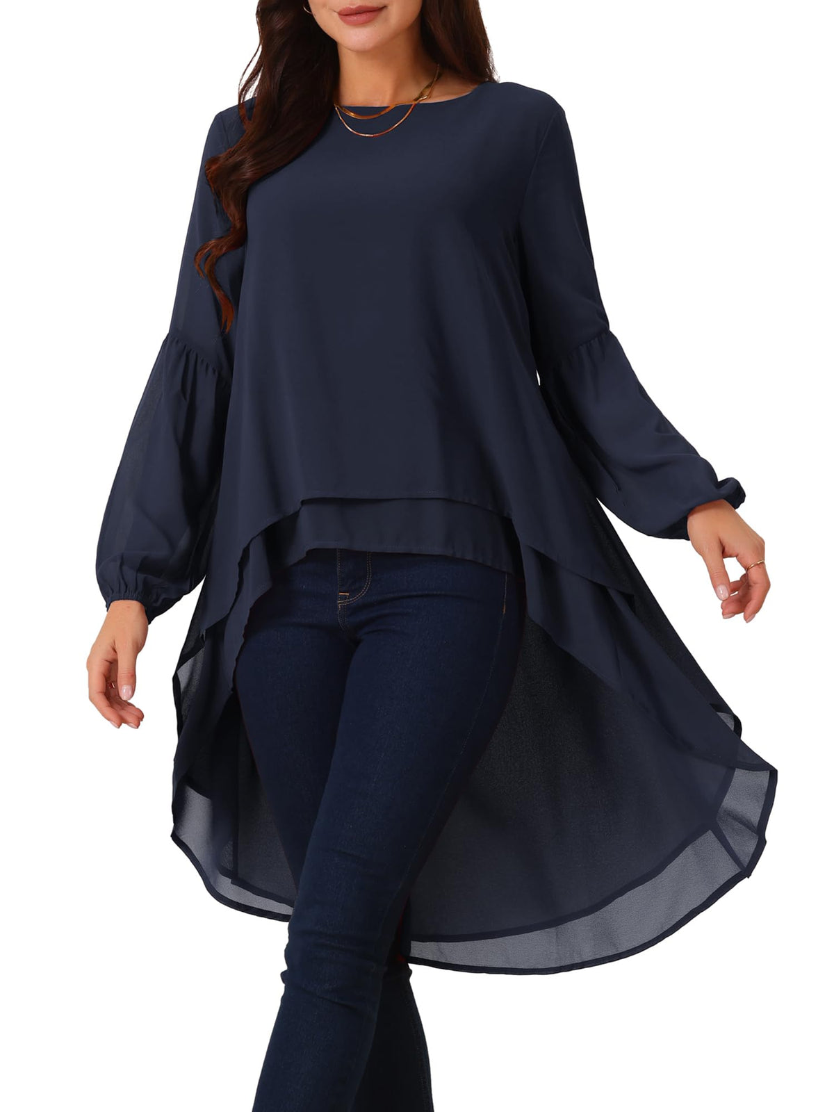 Seta T Women's High Low Tops Lantern Sleeve Dressy Casual Chiffon Blouse
