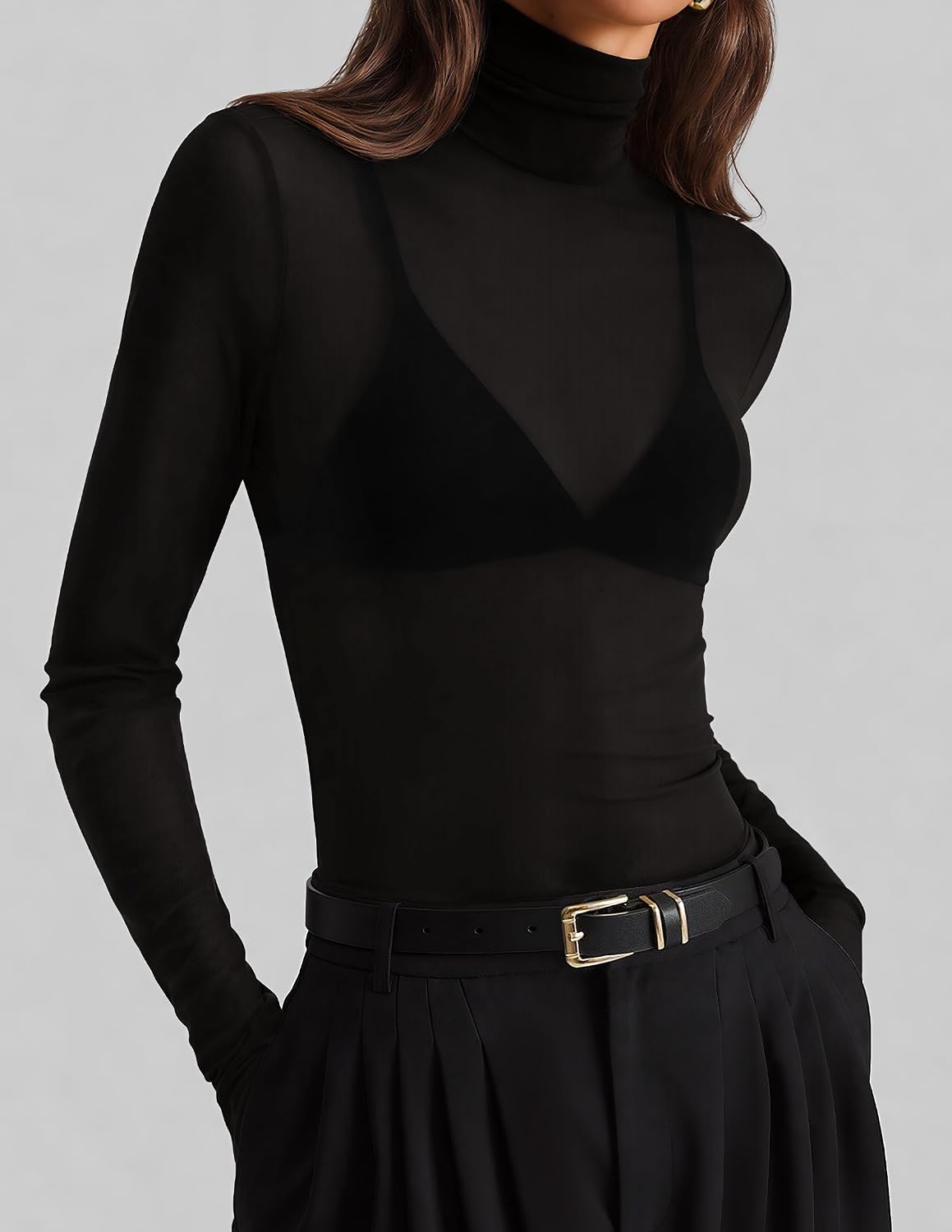 ZESICA Women's Mesh Sheer Turtleneck Long Sleeve Going Out Tops