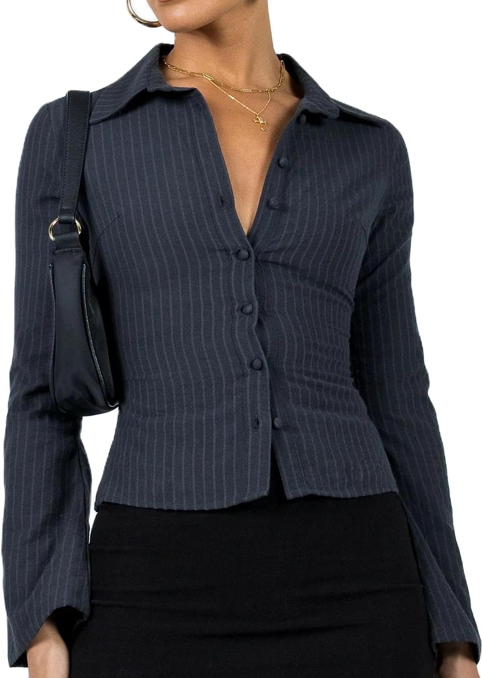 Women Pinstripe Shirt Flared Long Sleeves Button Down Fitted Crop Shirts Blouses Business Casual Top