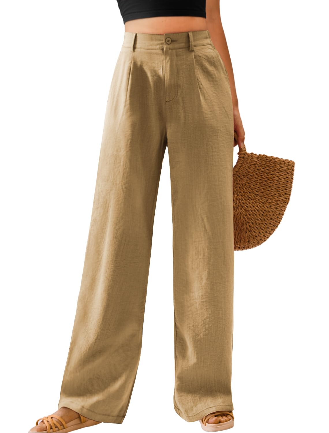 Feiersi Womens Casual Wide Leg Pants High Waisted Button Down Straight Long Trousers Palazzo Pants