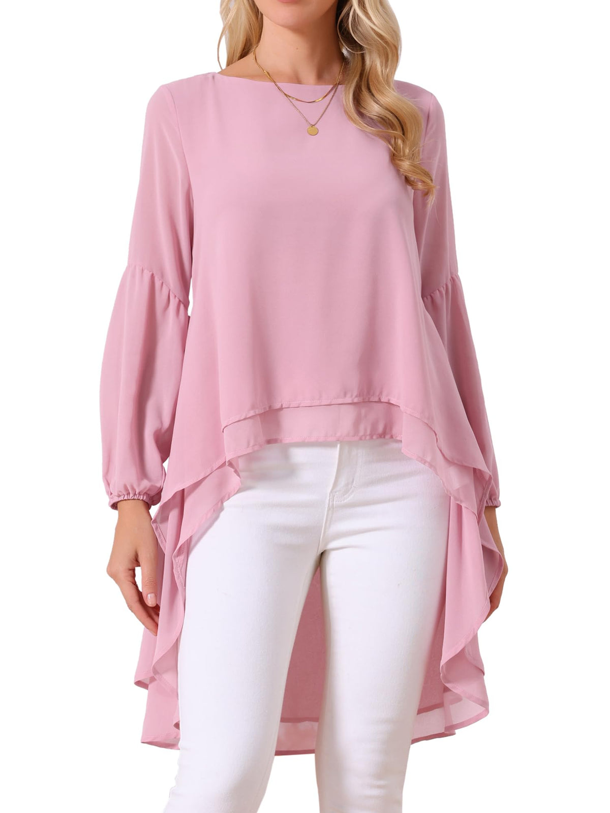 Seta T Women's High Low Tops Lantern Sleeve Dressy Casual Chiffon Blouse