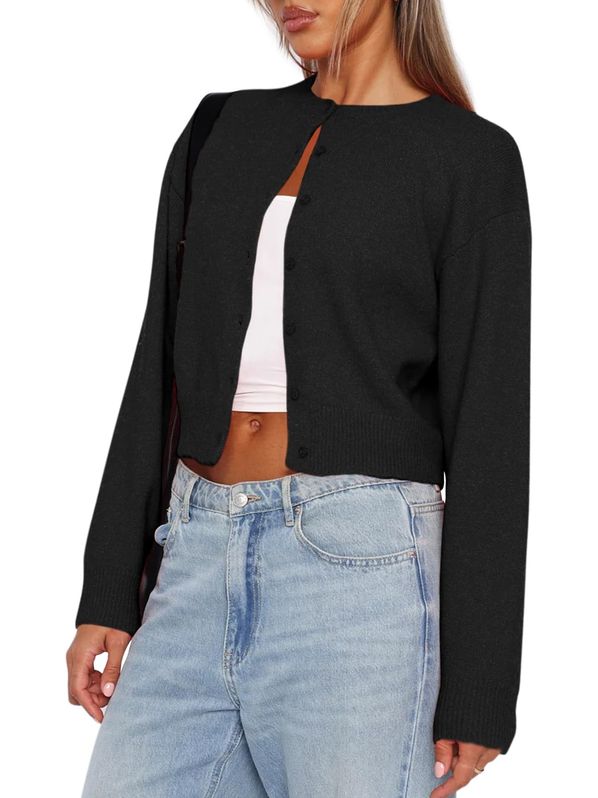 Balimtoy Womens Cropped Cardigan Long Sleeve Button Up Sweaters | Soft Knit Cardigan, Crew Neck, Button Down, Casual for Office Work, Teacher Outfit, Trendy Sweater for Fall, Spring 2026