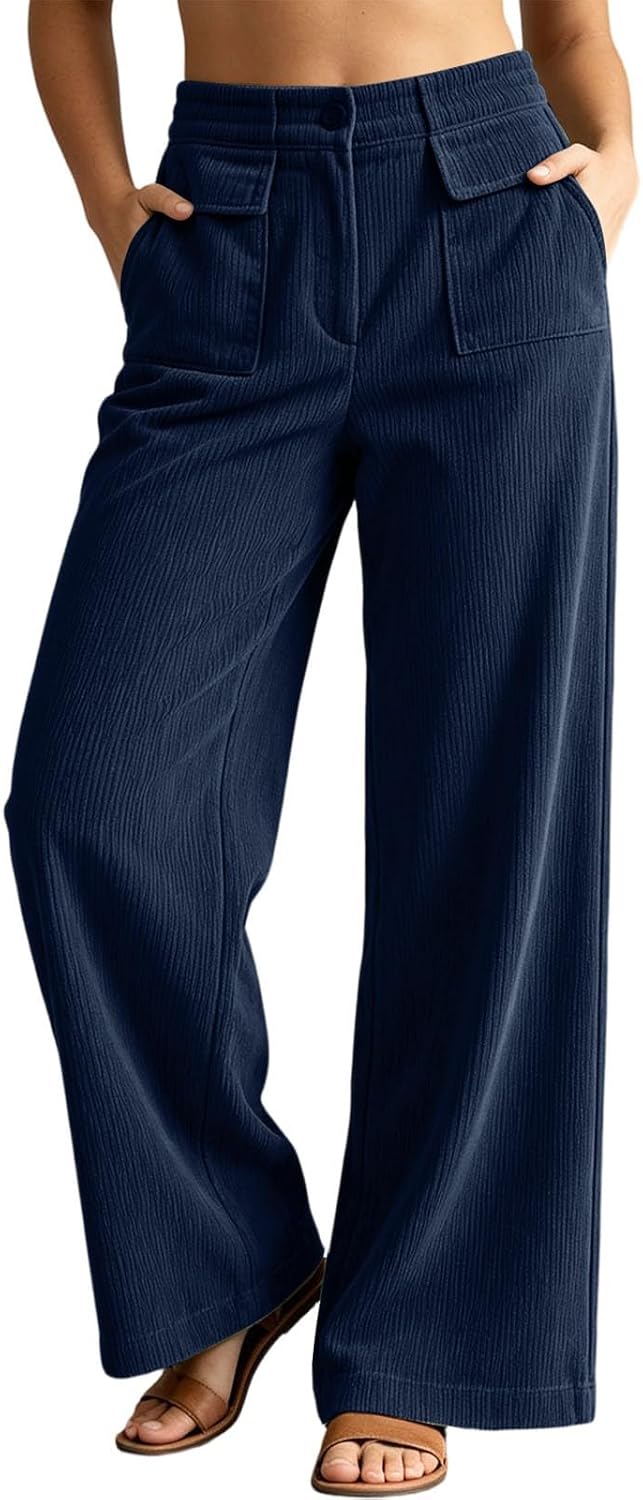 Wide Leg Corduroy Pants for Women Fall Lounge Button Pants Business Office Work Trousers with Double Pockets