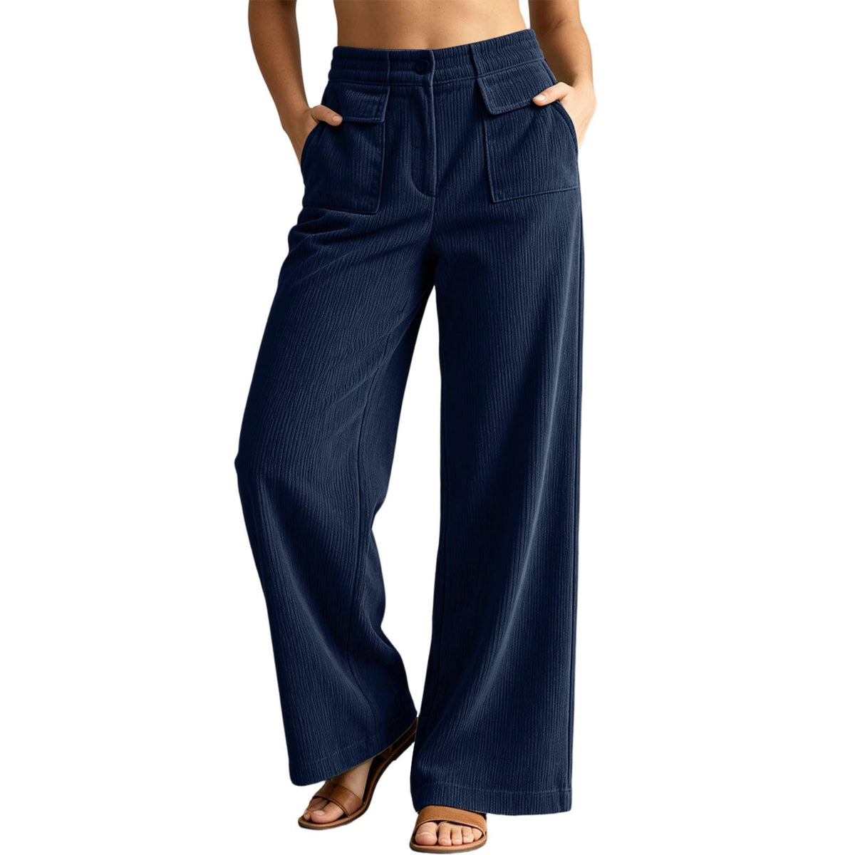 Wide Leg Corduroy Pants for Women Fall Lounge Button Pants Business Office Work Trousers with Double Pockets