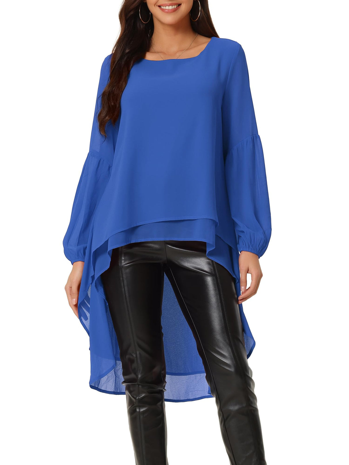 Seta T Women's High Low Tops Lantern Sleeve Dressy Casual Chiffon Blouse