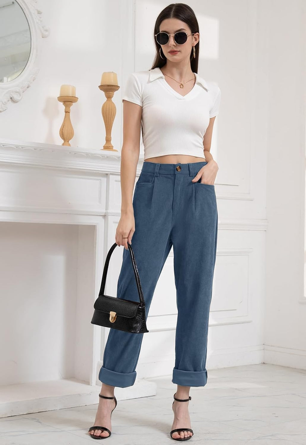 Rasutina Women Corduroy Pants Casual Fall Pants High Waisted Straight Leg Pants for Women Stretchy Work Trousers with Pockets