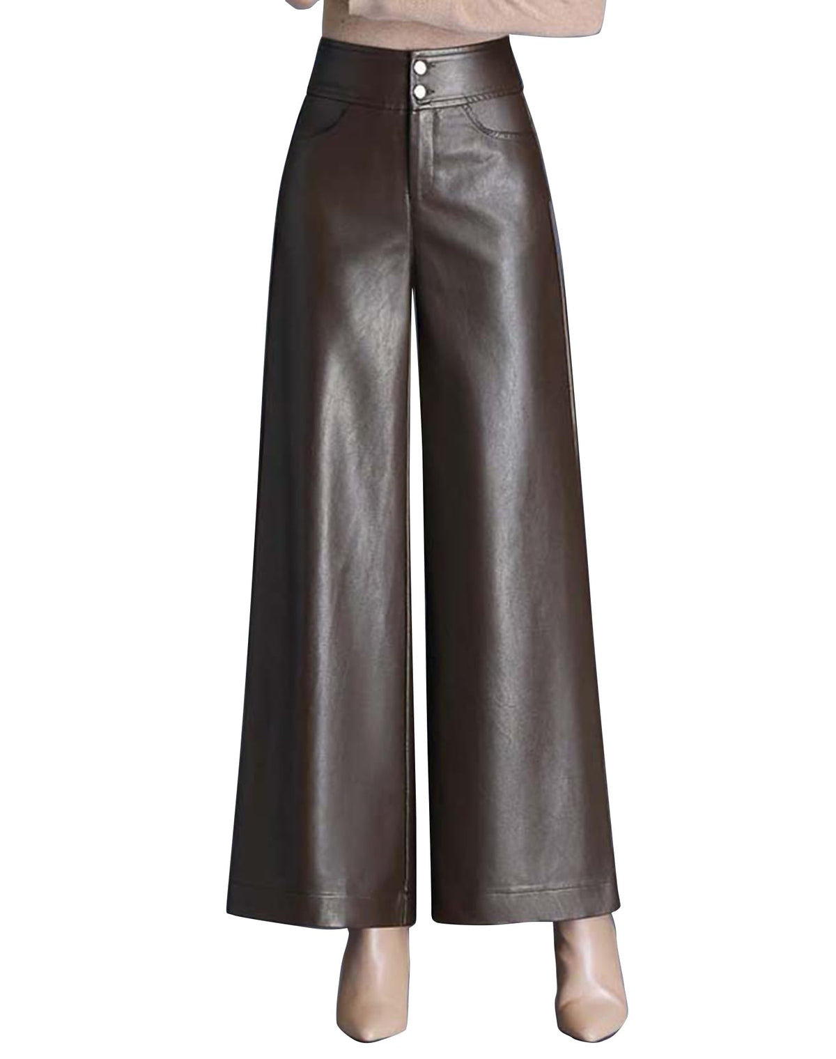 HaoMay Women's High Waist Wide Leg PU Faux Leather Cropped Pants Culottes