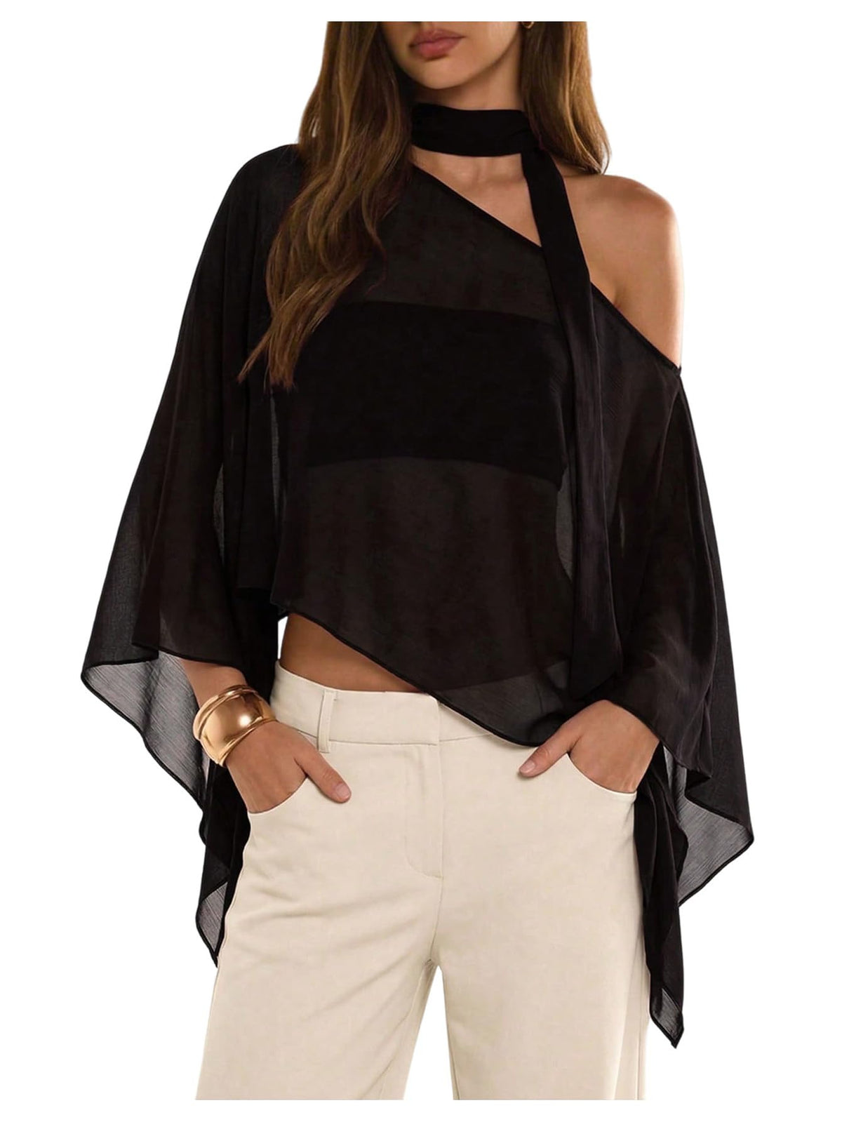 WDIRARA Women's Poncho Top Off The Shoulder Tops Y2k Flowy with Scarf