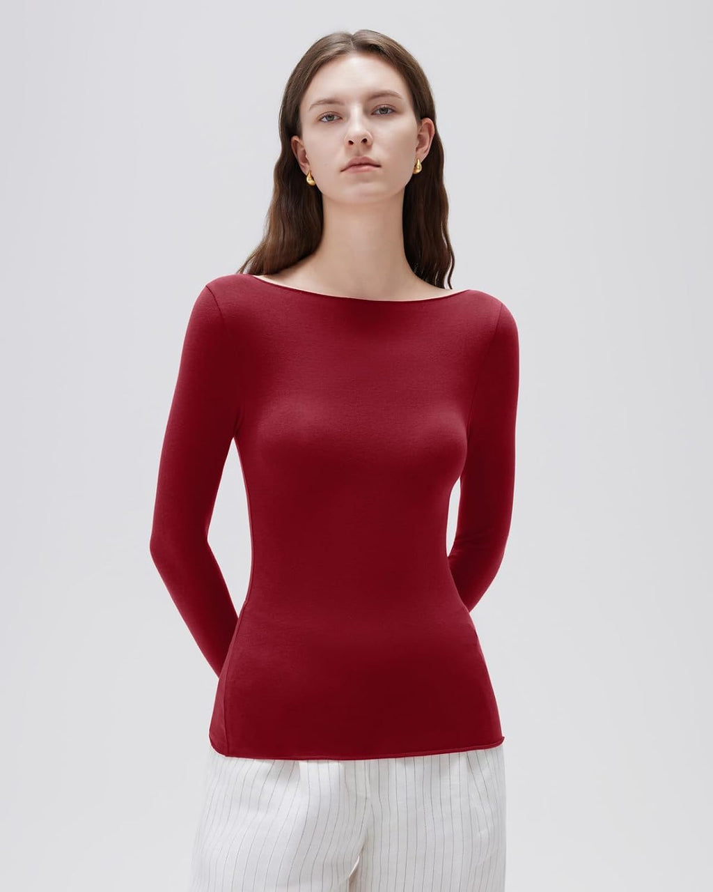 SUUKSESS Cloud Cashmere Women Boat Neck Fitted Long Sleeve Shirt Basic Knit Tops