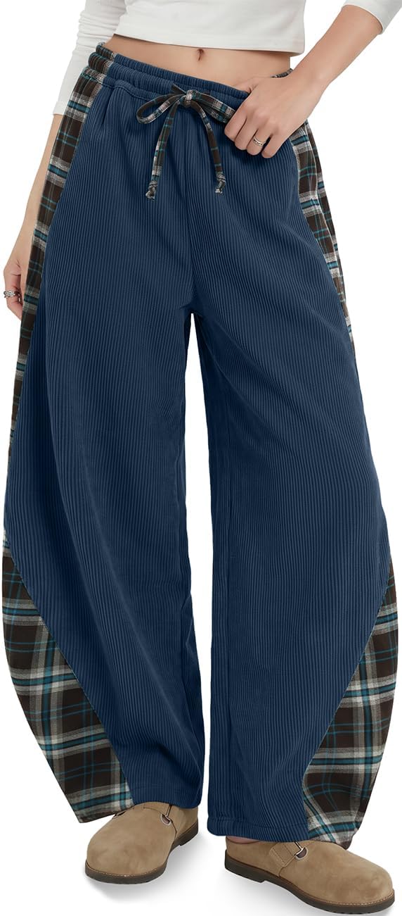 TARSE Womens Corduroy Barrel Pants with Pockets Y2K Plaid Patchwork Panels