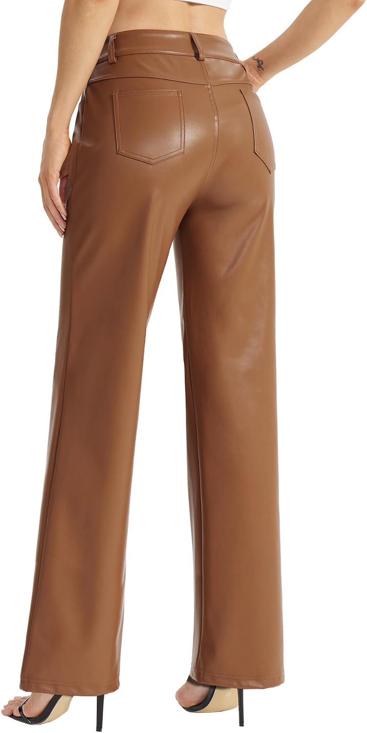 Womens Faux Leather Pants Button Straight Leg PU Jeans with Pockets