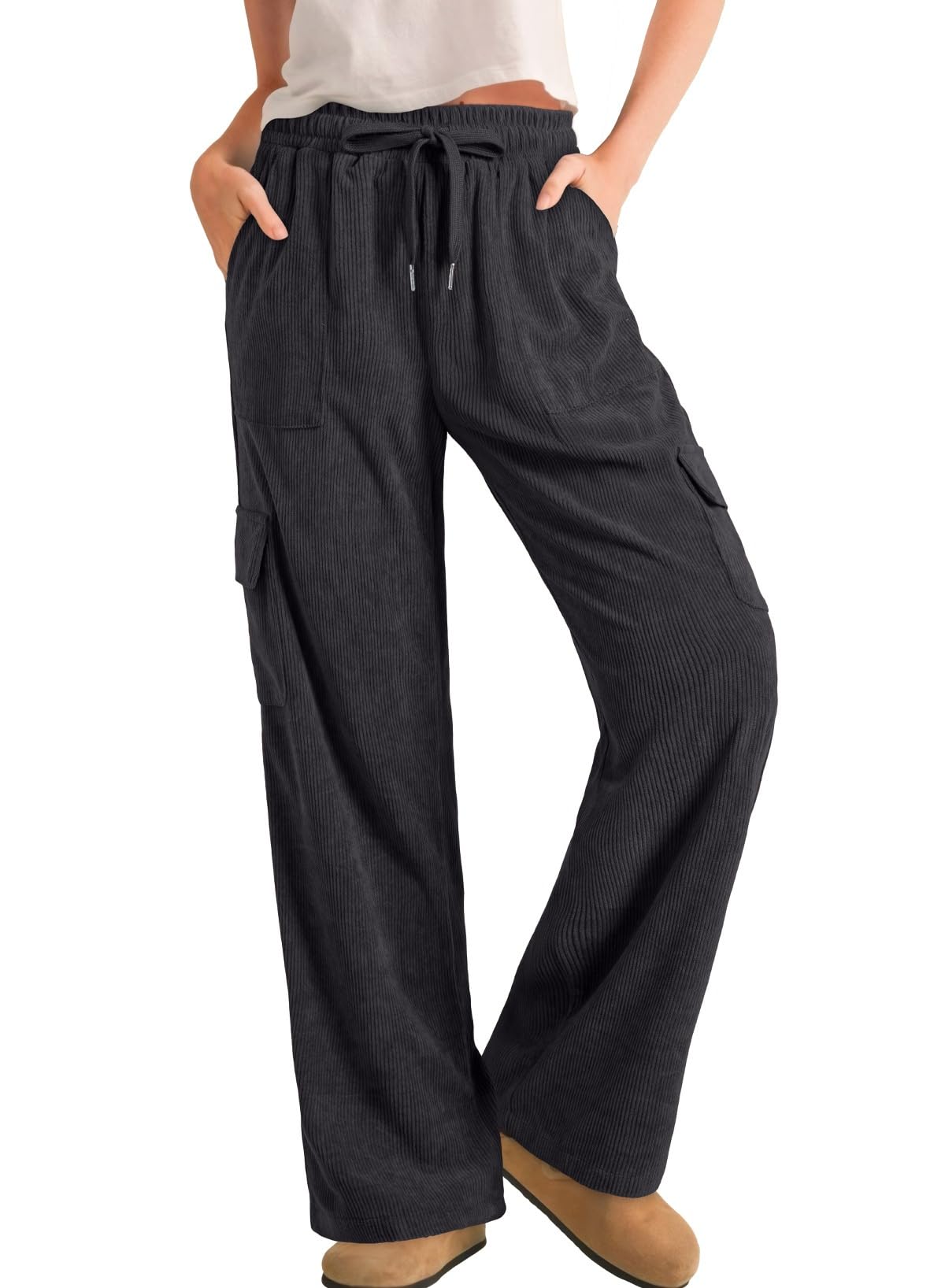 Sidefeel Womens Corduroy Pants Casual High Waisted Elastic Drawstring Cargo Loose Fit Wide Leg Pants with Pockets